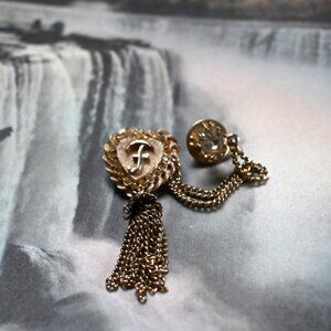 VTG Lapel Pin Or Two-Piece Brooch Gold Tone Tassels F Initial Diamond Rhinestone